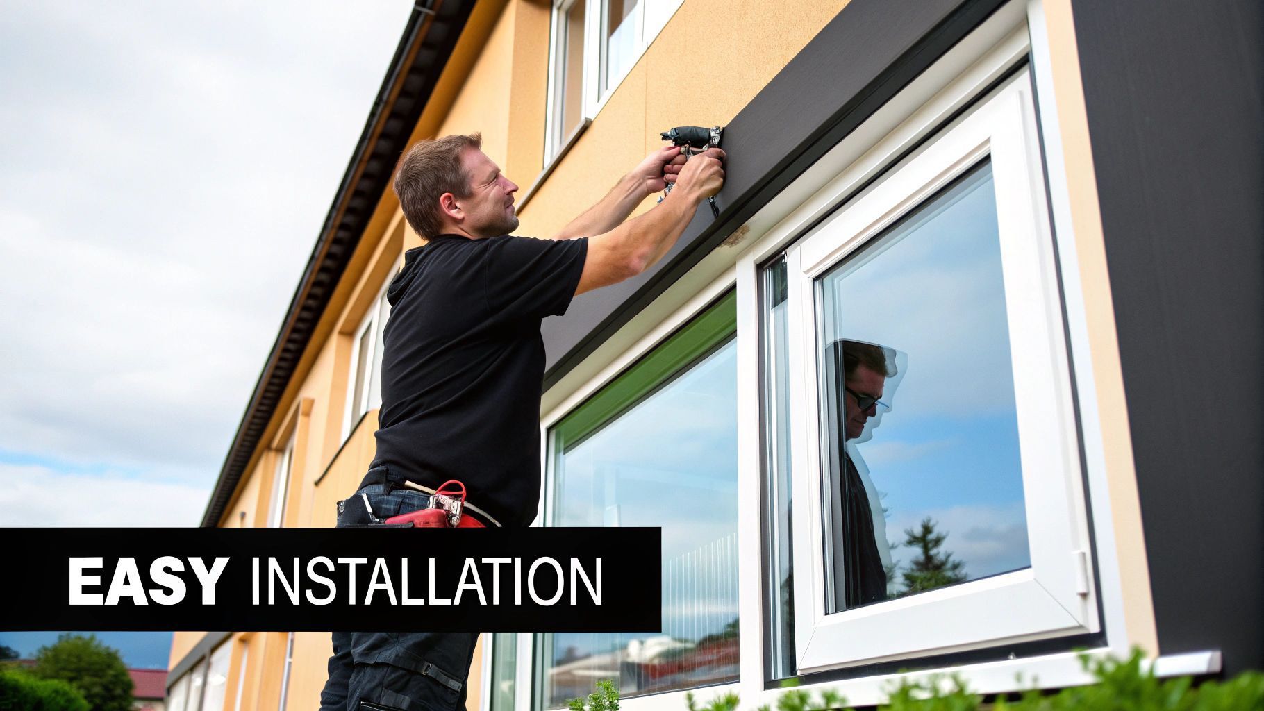 A man is installing a window on the side of a building.