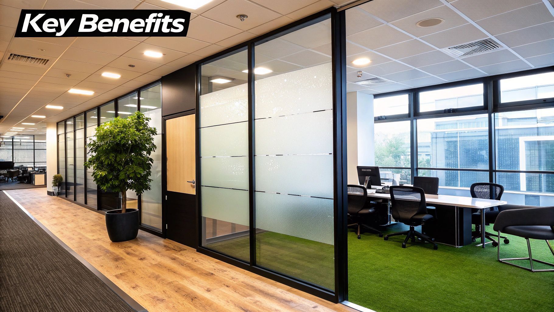 Modern office space with glass walls and a plant, featuring Key Benefits text.