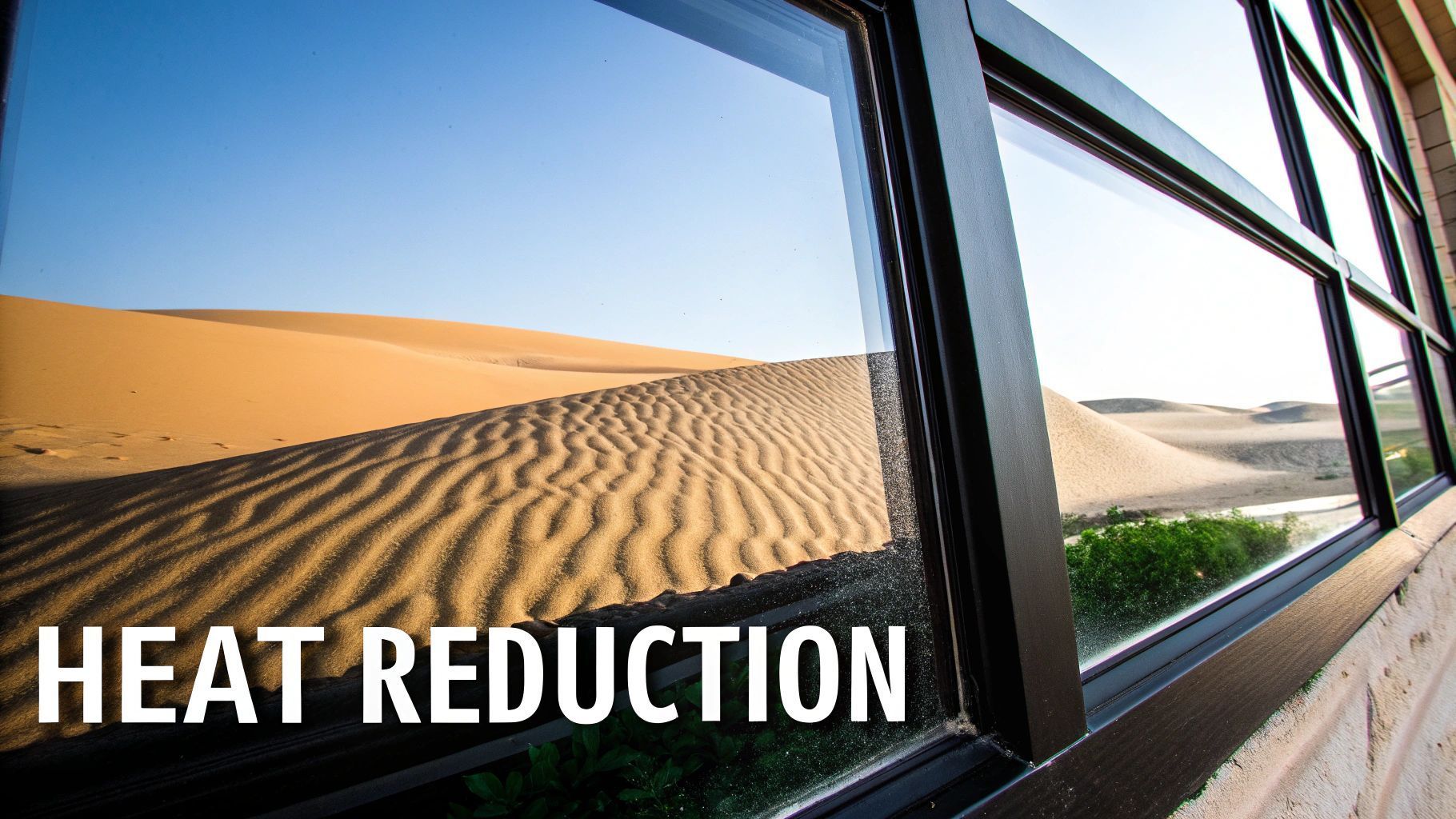 Window showing desert landscape, promoting heat reduction.