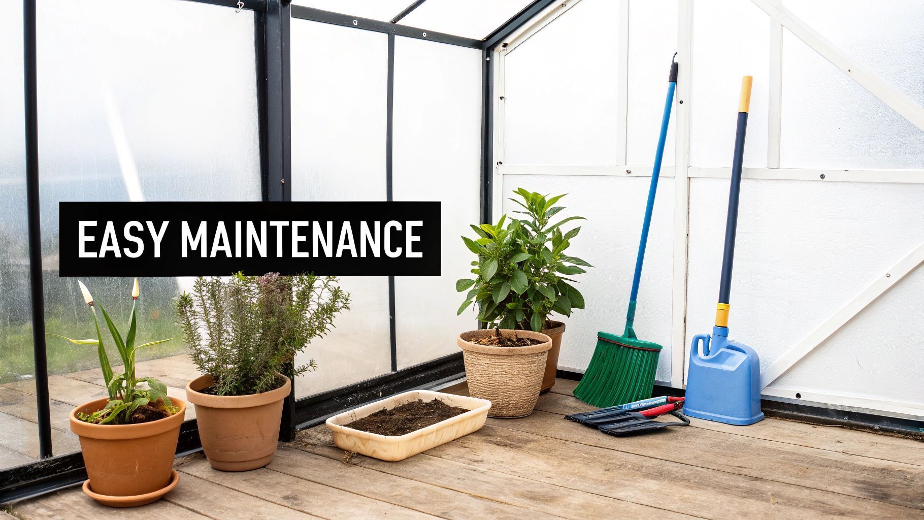 Greenhouse with plants, tools, and 