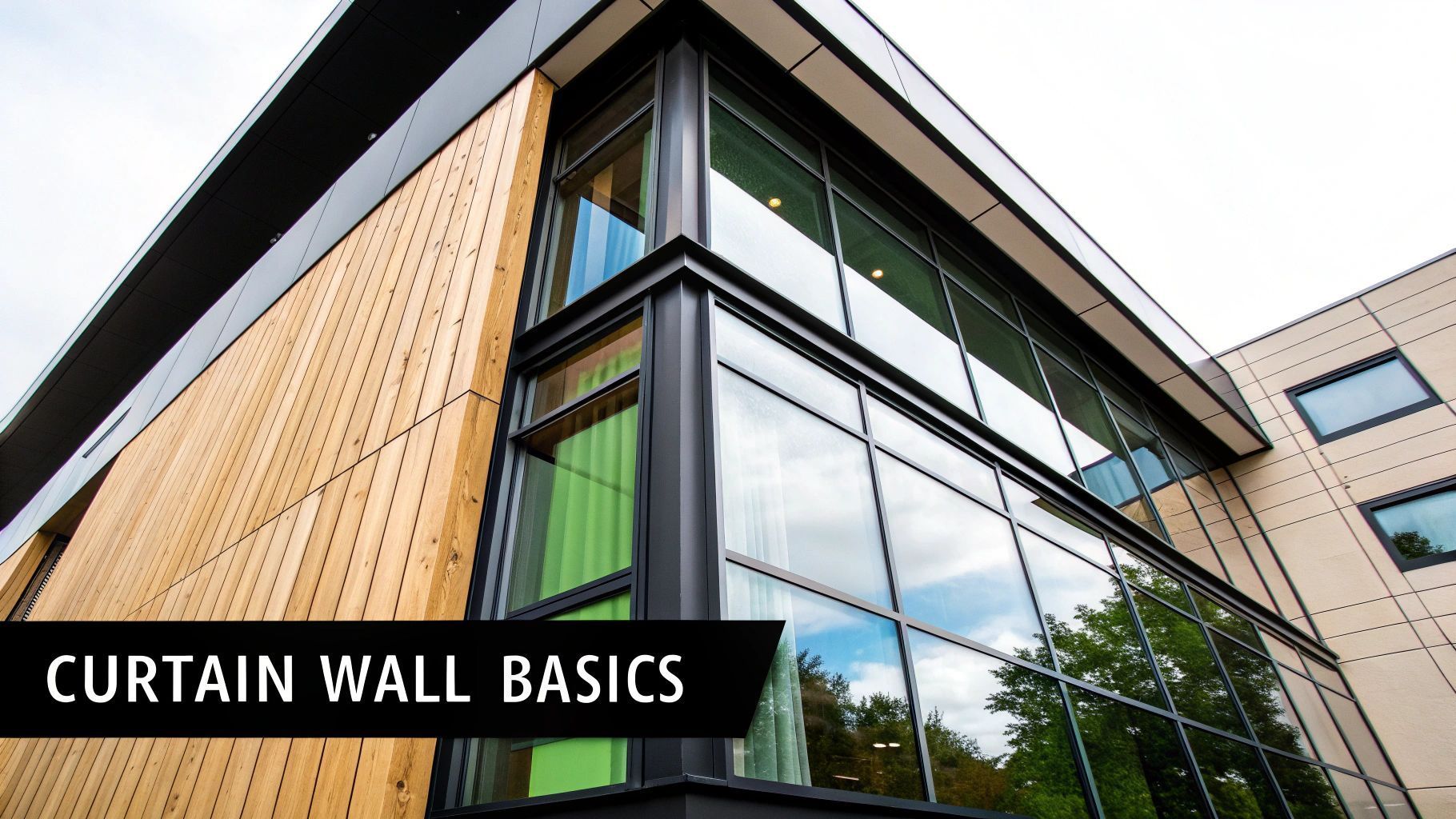 Modern building corner with a glass curtain wall and wood paneling; text 