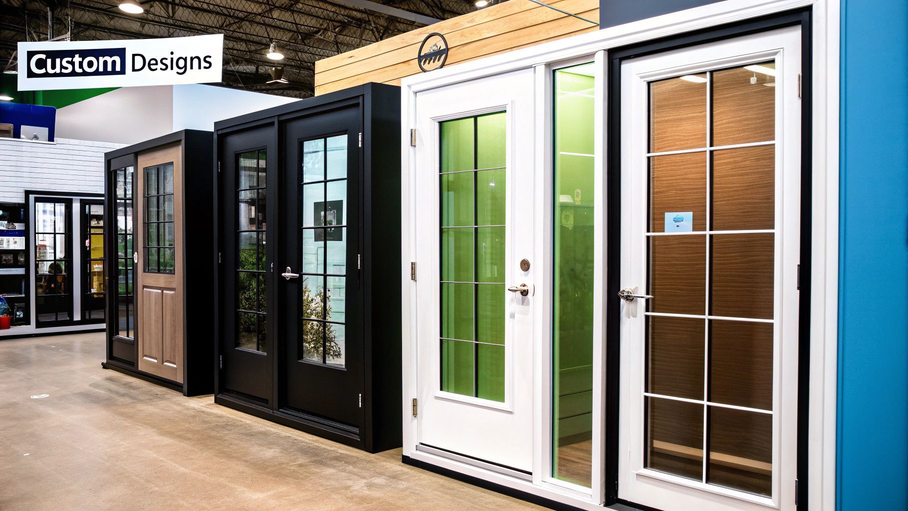 Doors on display at a showroom. Various colors and styles, including black, white, and with glass panels.