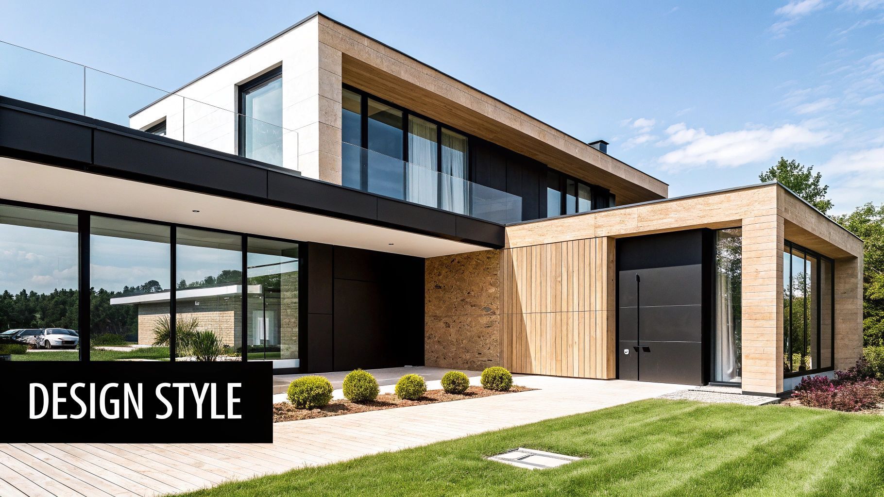 Modern two-story house with glass walls and wooden accents. Black trim, manicured lawn, sunny day.