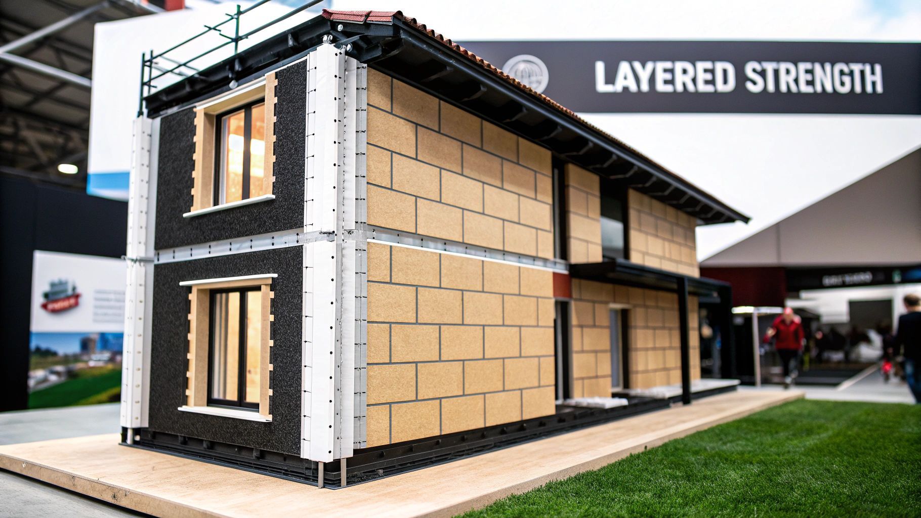 Model house showing layered construction; beige and black walls, windows, and roof.