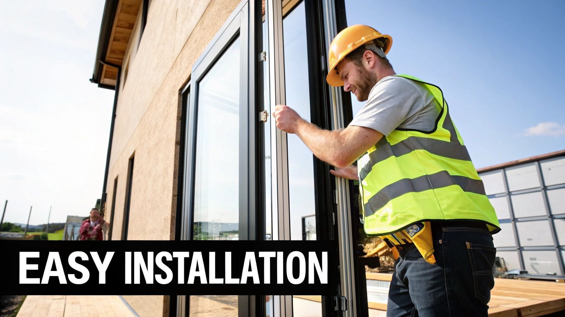 Construction worker installing a window; building exterior, sunny day. Text 