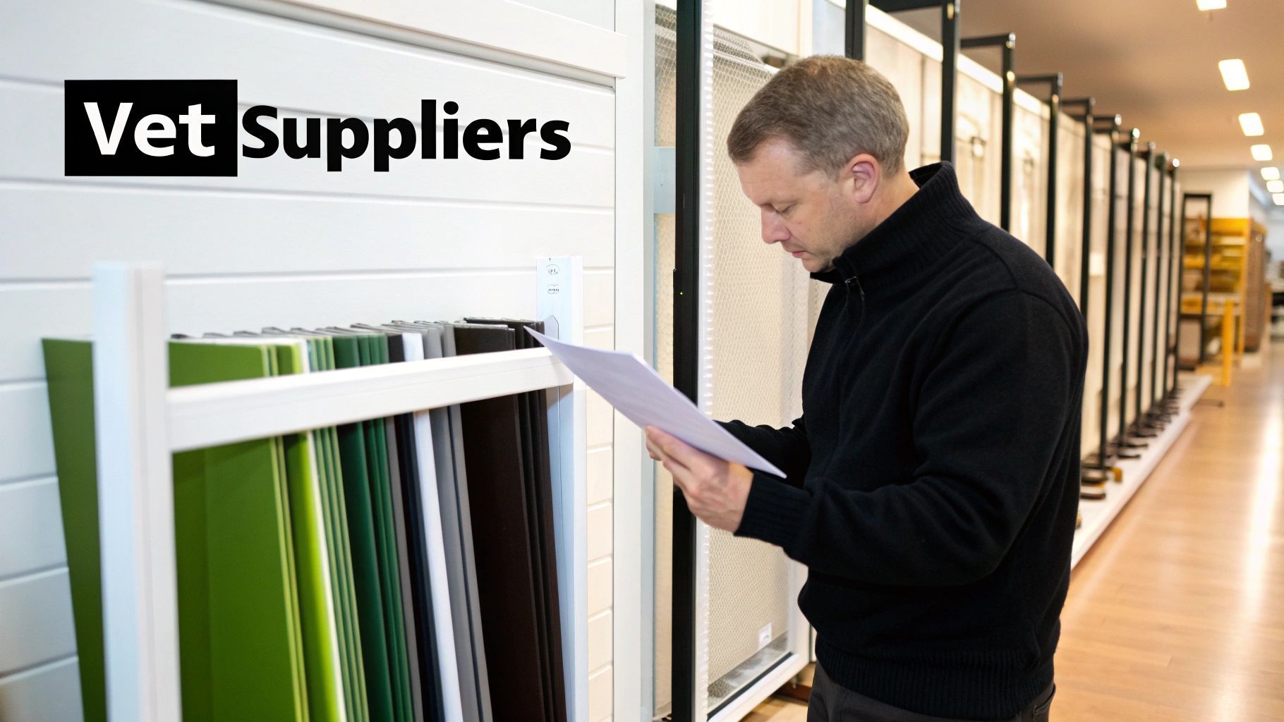 Man looking at papers, comparing samples in a vet supply store.