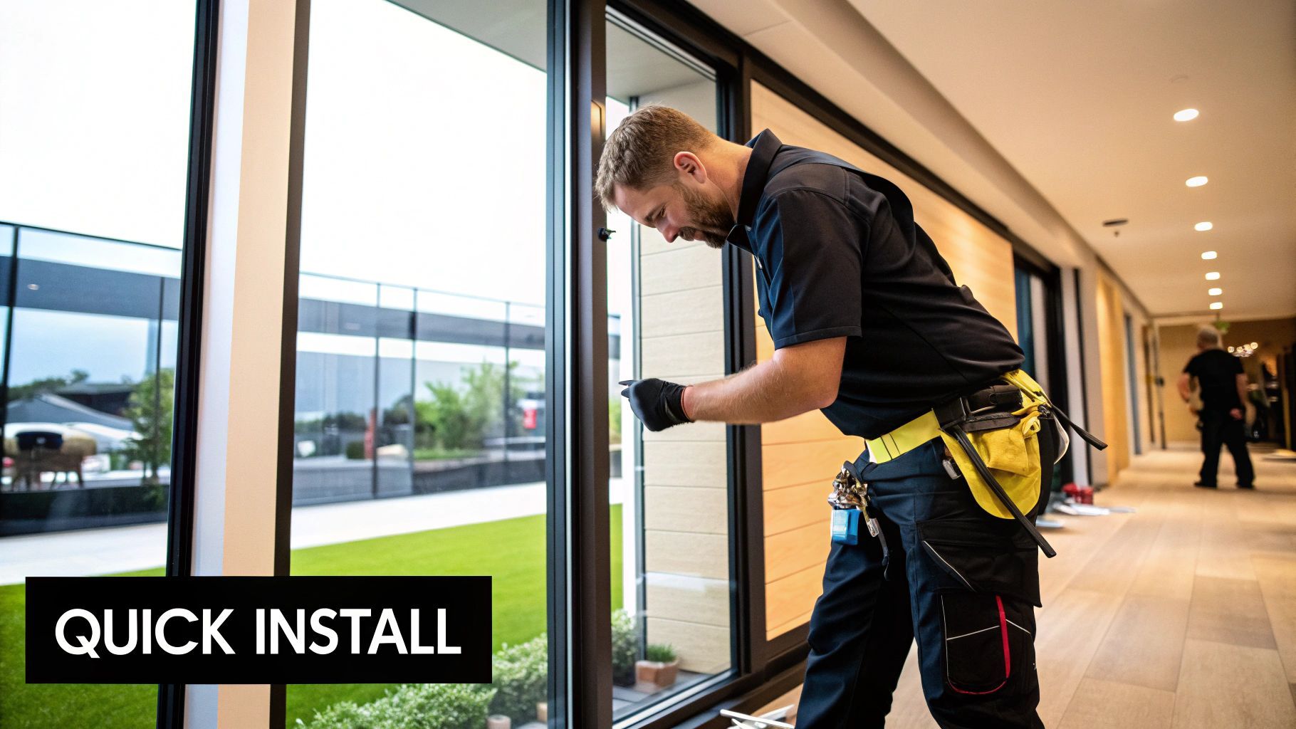 Man installing a window in a building, wearing work clothes and gloves.
