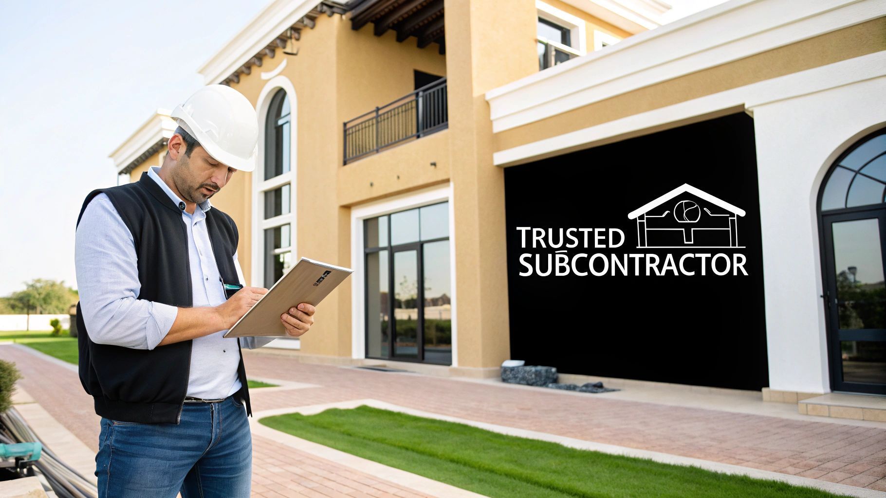 Construction worker in hard hat inspecting a modern house, writing on a clipboard. The house has a