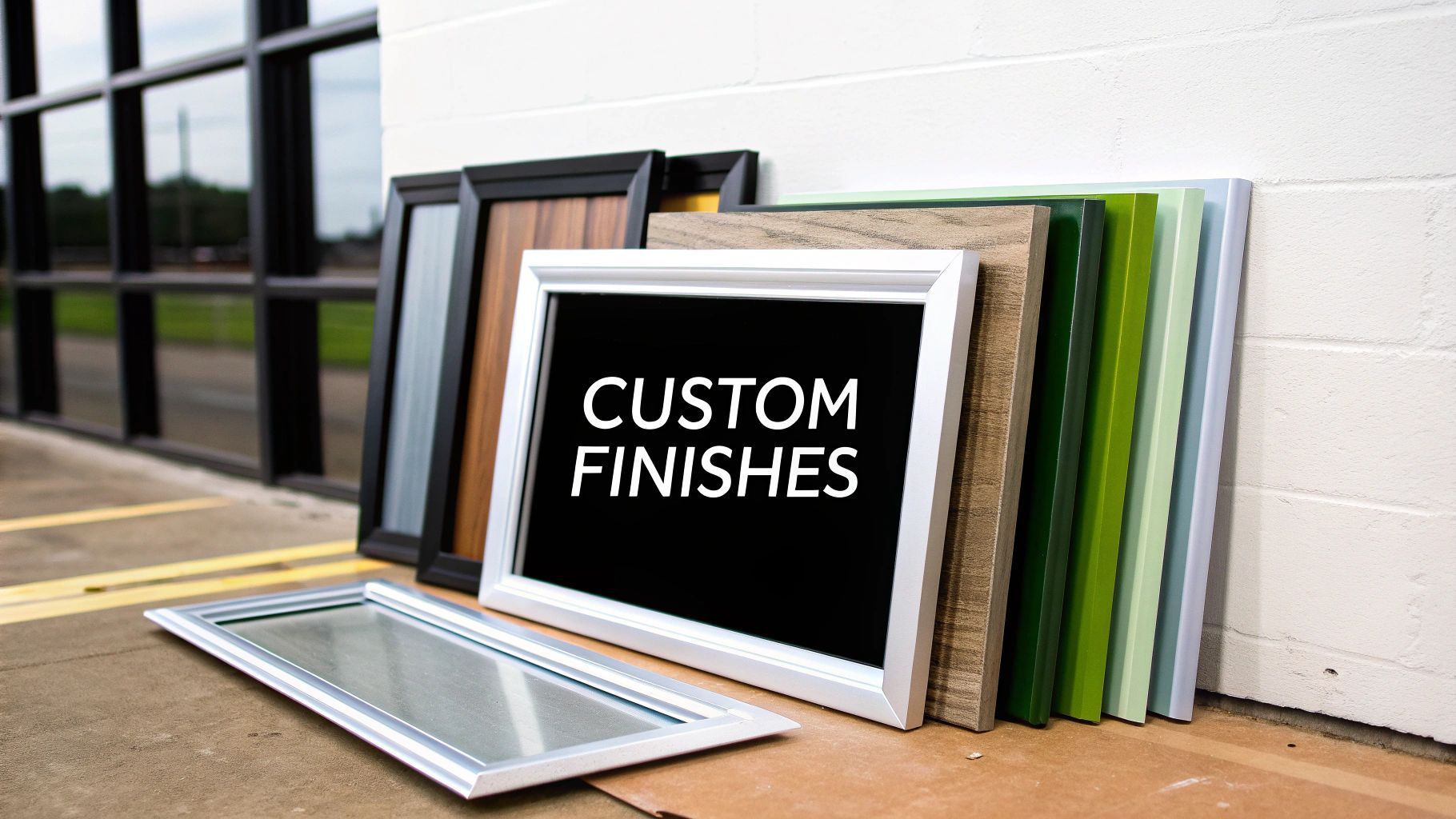 Frames with various finishes leaning against a white wall with