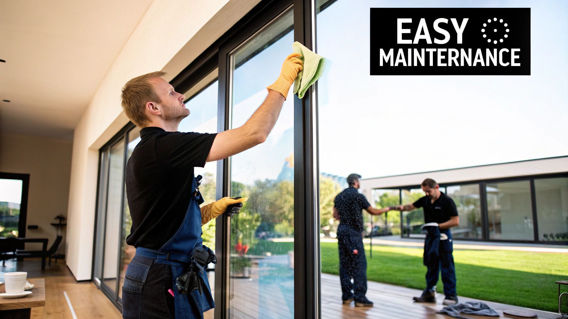 Man wearing gloves cleaning a large window in a modern house; other men inspect outside. “Easy Maintenance” logo.