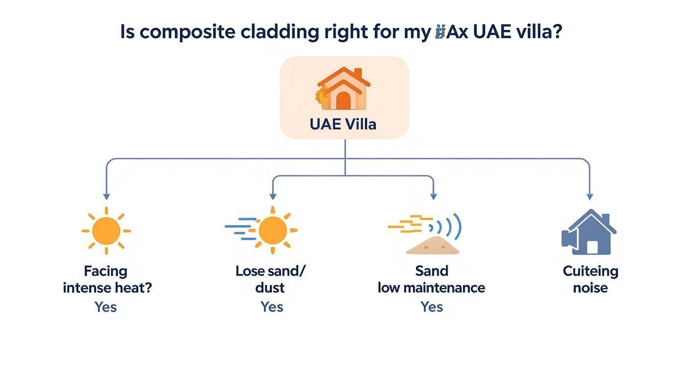 Flowchart: composite cladding for UAE villas. Factors: intense heat, sand/dust, low maintenance, and cutting noise.