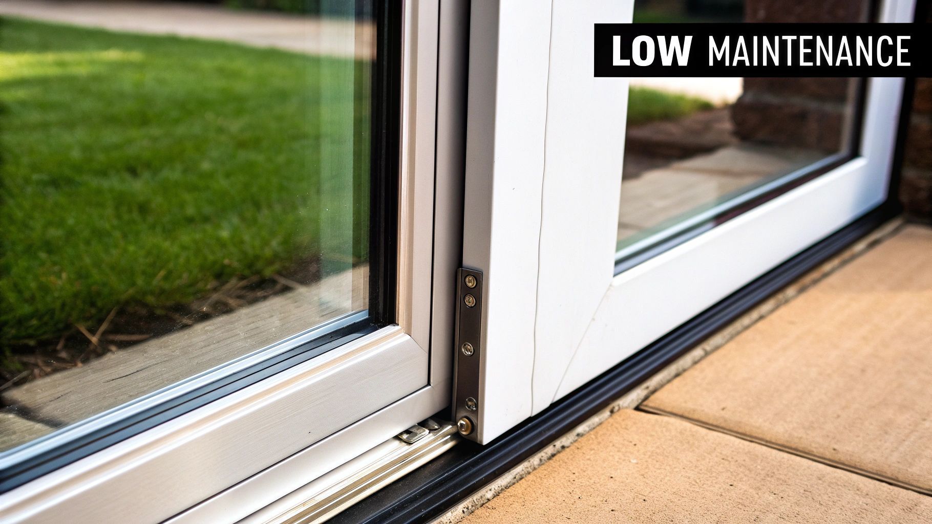 Close-up of a white sliding glass door with a 
