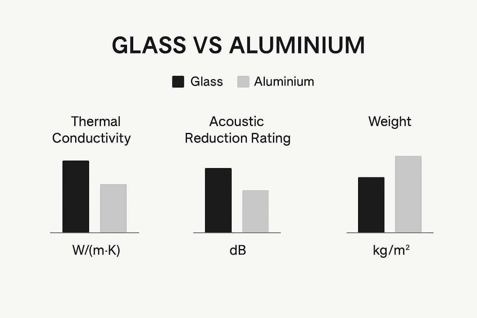 Comparison bar chart: glass vs. aluminum. Shows thermal conductivity, acoustic reduction, and weight comparisons.