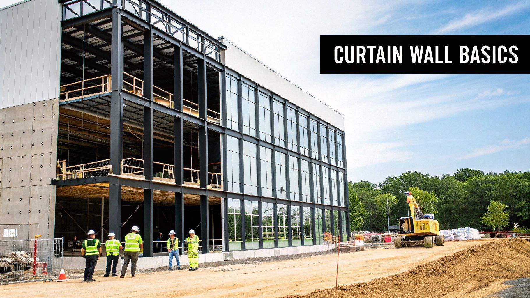 Construction site with a building under construction.  A curtain wall is being installed. Workers and heavy equipment are present.