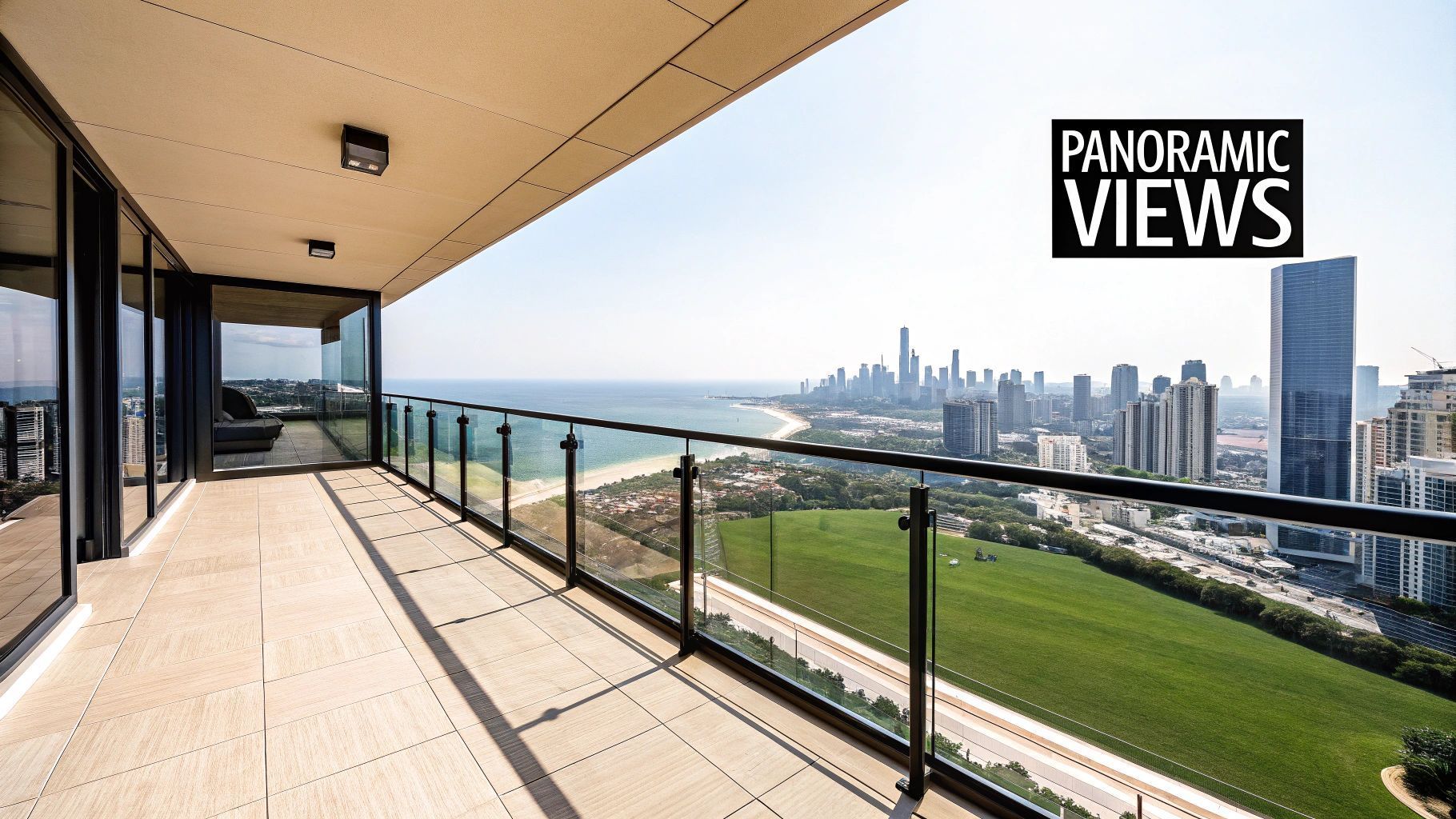 Balcony with glass railing overlooking city and ocean.