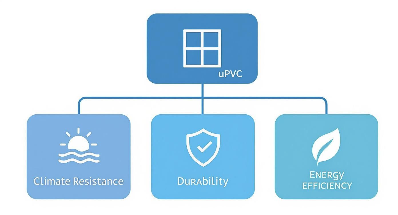 Diagram showing benefits of uPVC: Climate Resistance, Durability, and Energy Efficiency.