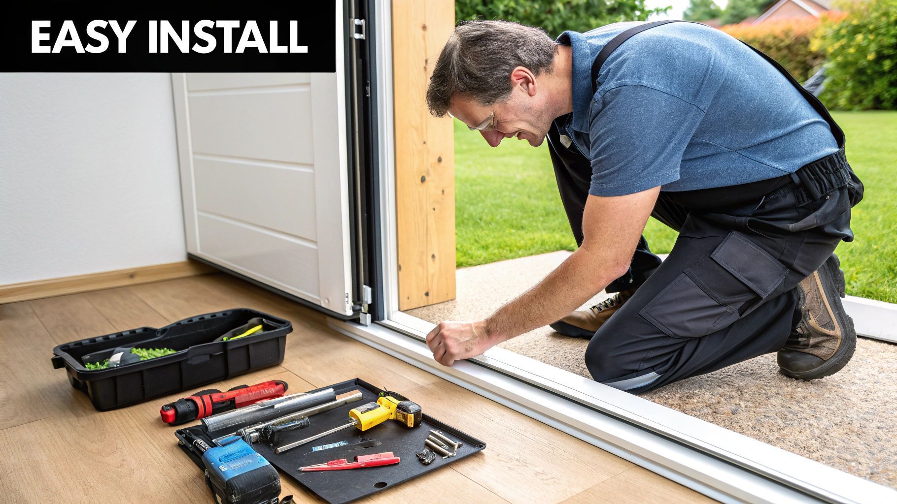 Man installing a door threshold; tools and door frame are visible. Text: 