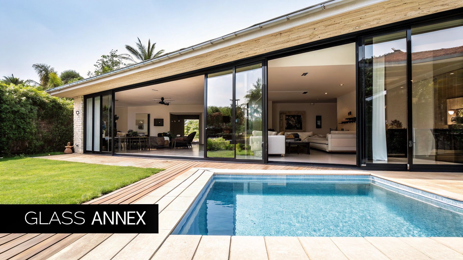 A house with a pool, large sliding glass doors, and a green lawn in sunlight.