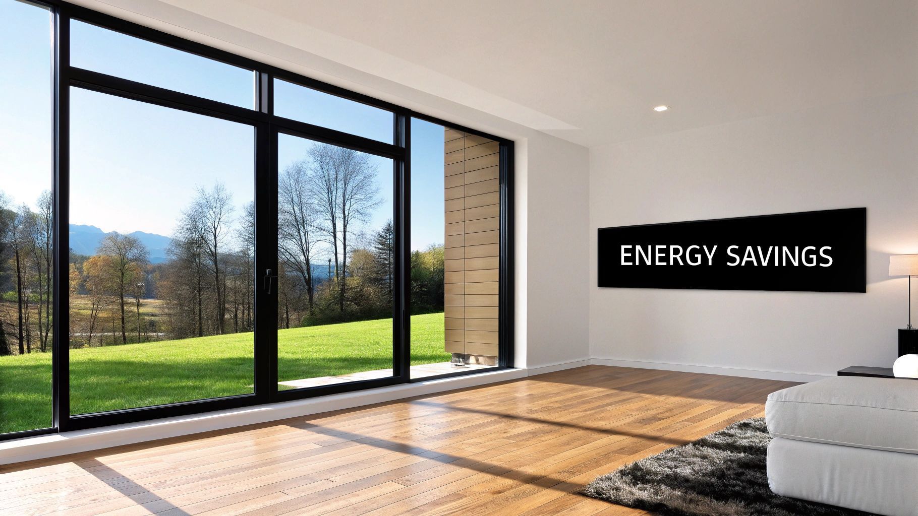 Bright, modern room with large windows overlooking a green landscape; text