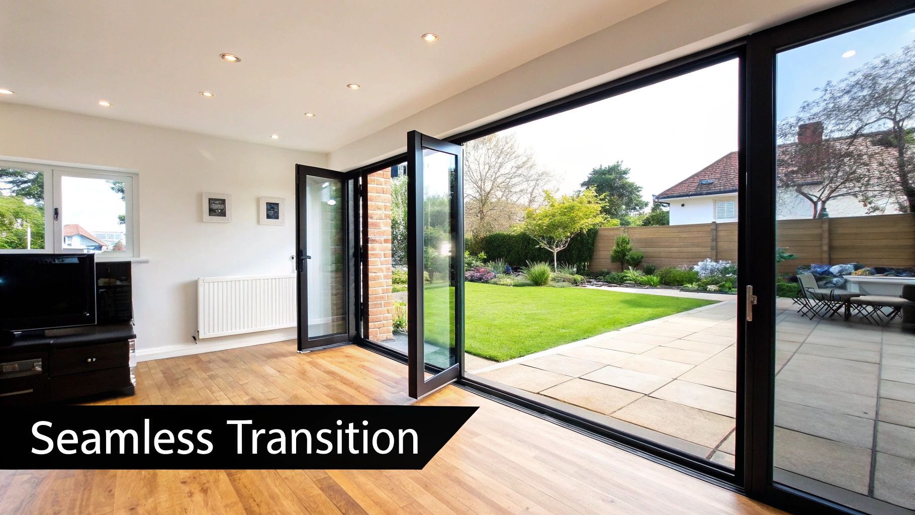 Interior with folding glass doors open to a backyard; wooden floor, white walls, green lawn.