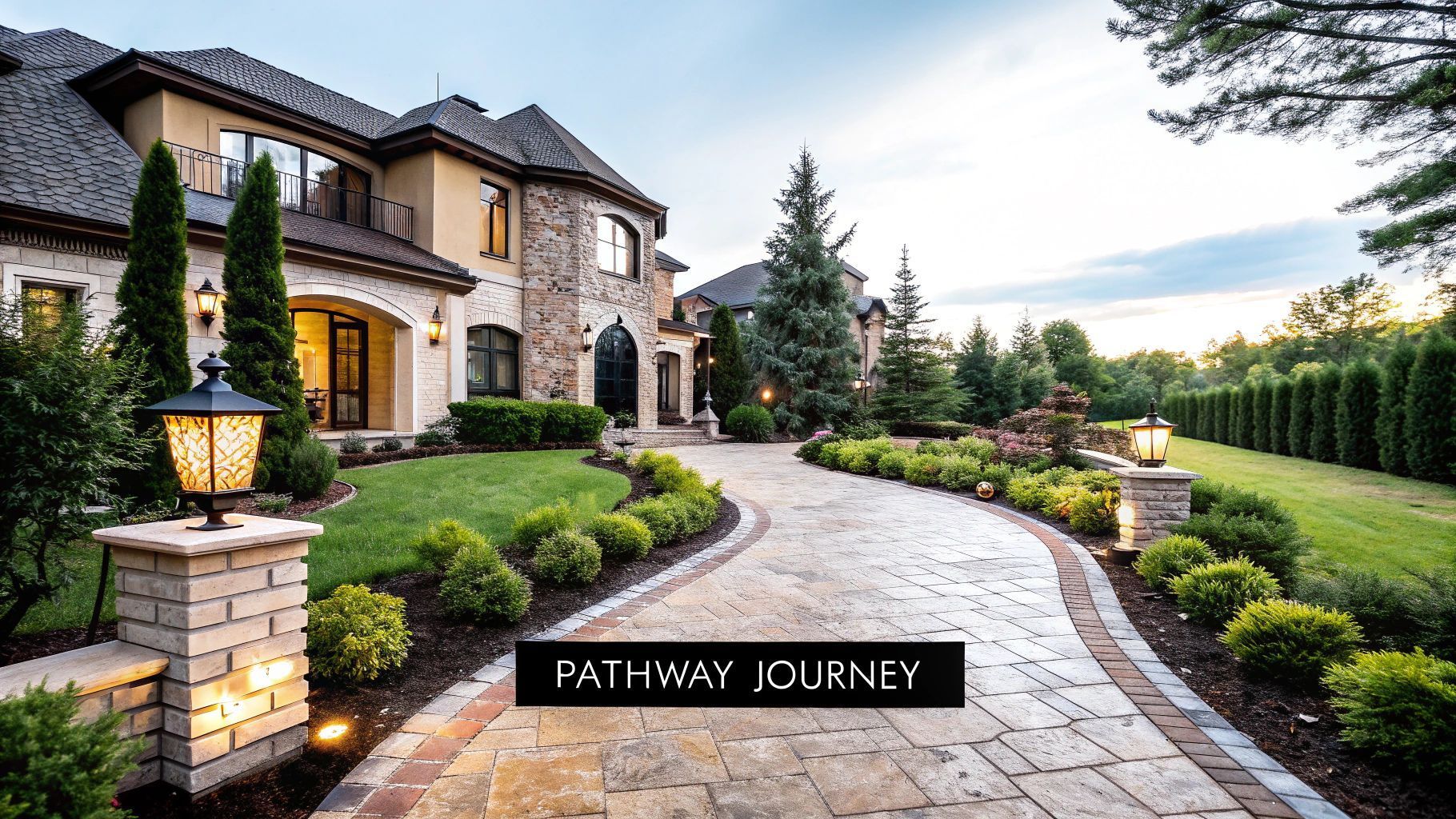Pathway leading to a large, luxurious house with landscaping and evening light.
