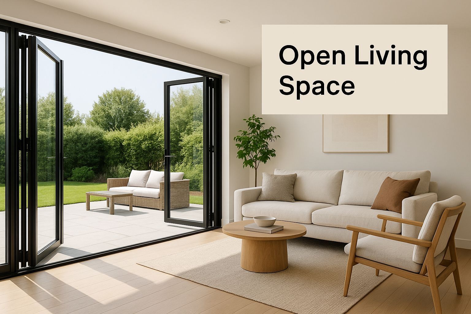 Open living space with folding doors open to a patio and backyard; a white couch and light wood furniture.