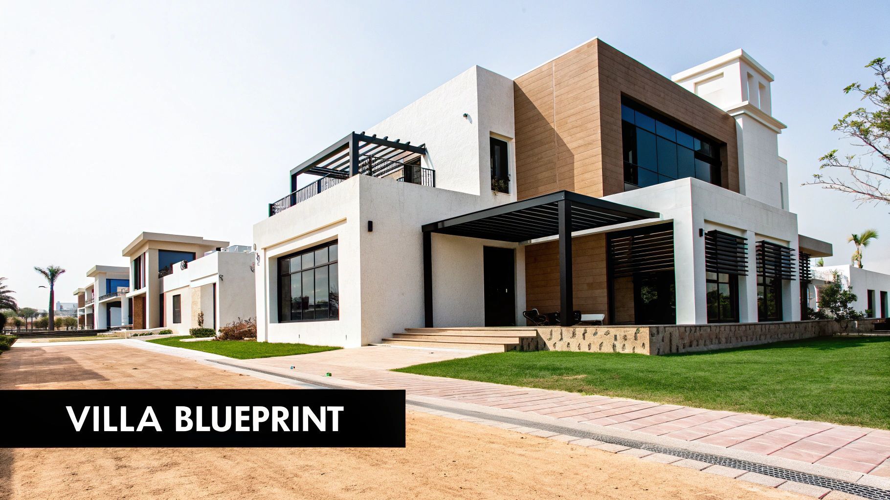 Modern white villa with brick accents, black pergolas, and manicured lawn.