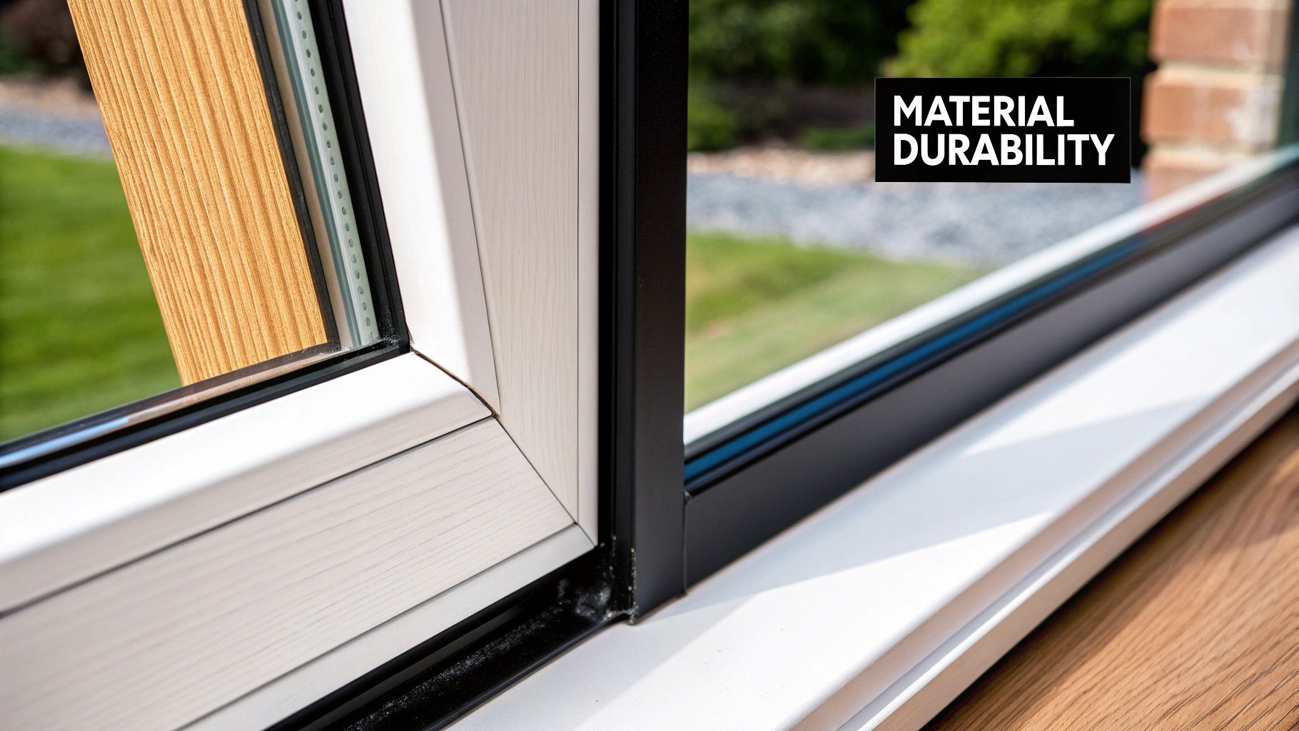 A close up of a window with a sign that says `` material durability ''.