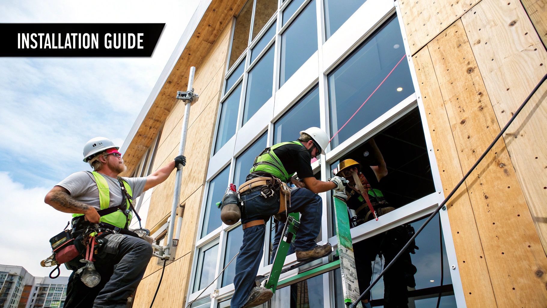 Construction workers installing windows on a building facade, wearing safety harnesses.