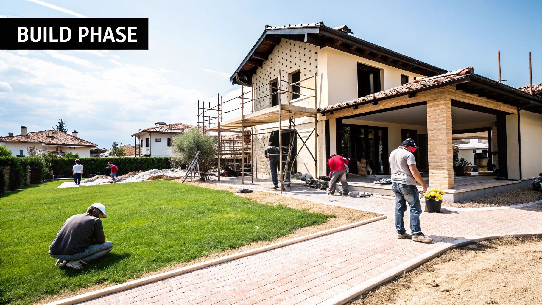 Construction workers building a two-story house; men working, green grass, paved walkway, sunny day.