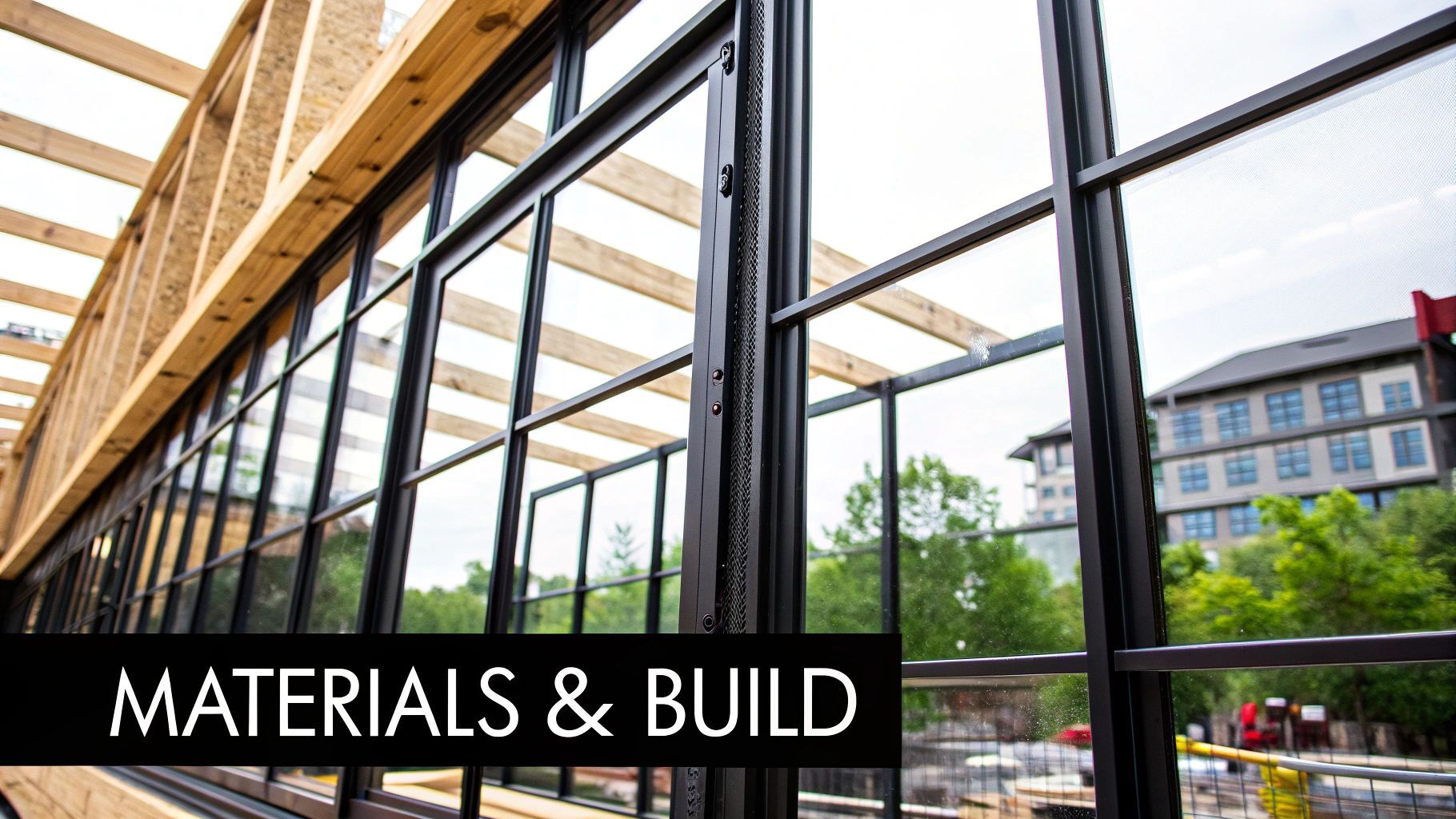 Construction site with glass windows and wooden beams, labeled 