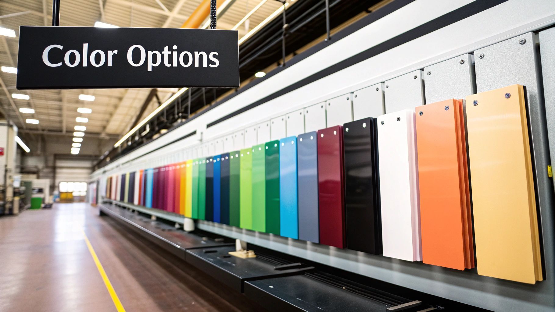 Color swatches in various hues on a display rack labeled 