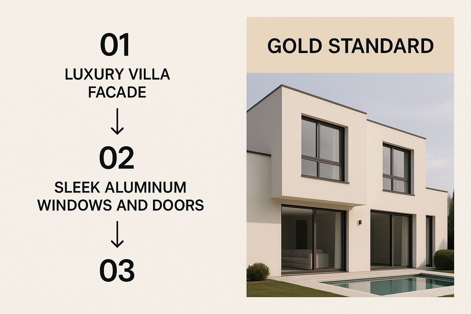 Diagram: Process showing a Luxury Villa Facade with sleek aluminum windows & doors, and a gold standard.