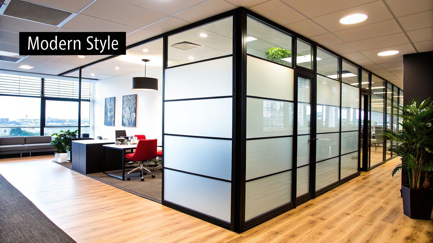 Modern office with glass walls, black frames, wooden floors, and a workstation.