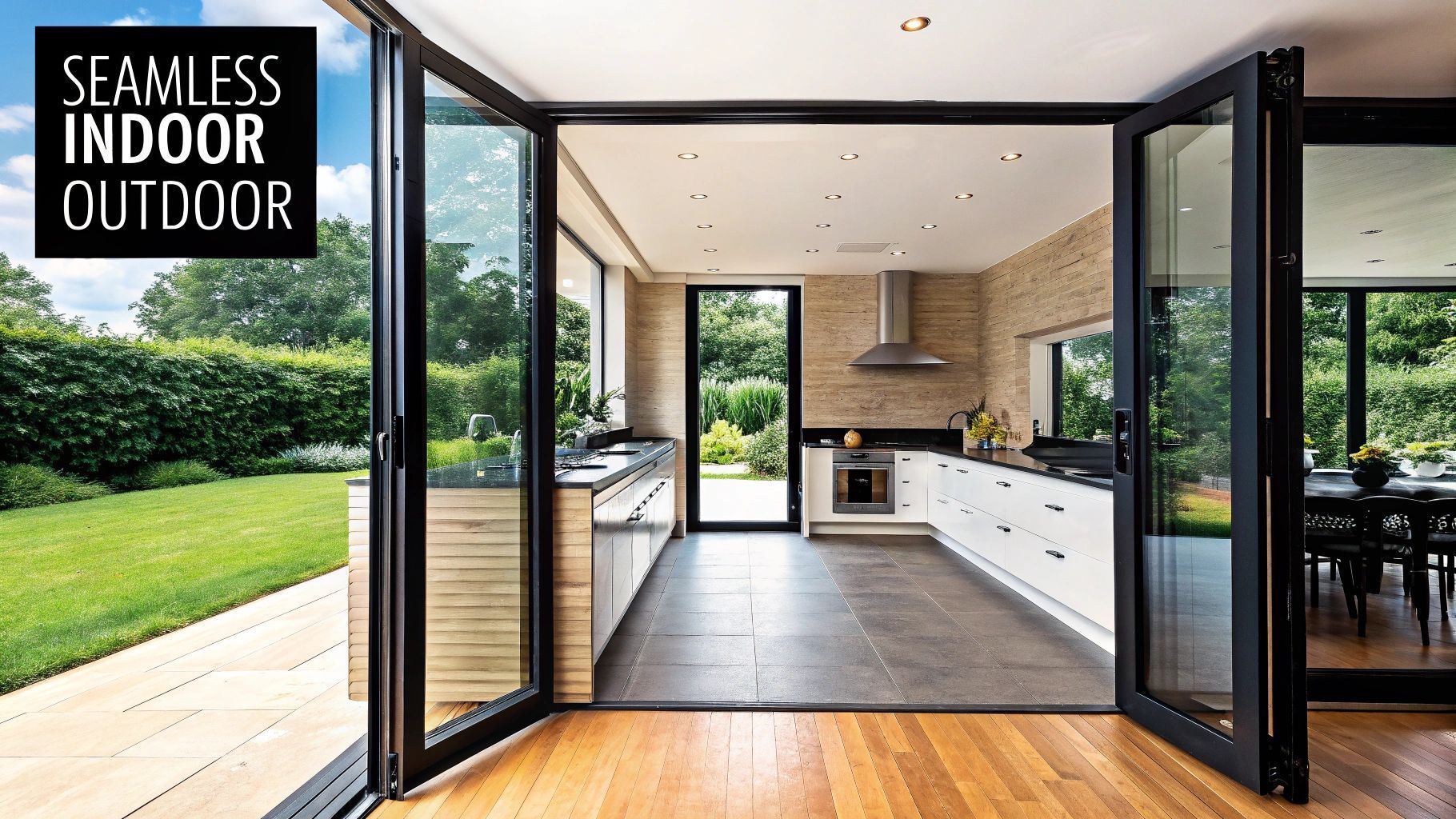A modern kitchen with open glass doors to the yard. The space features wood and brick with black accents.