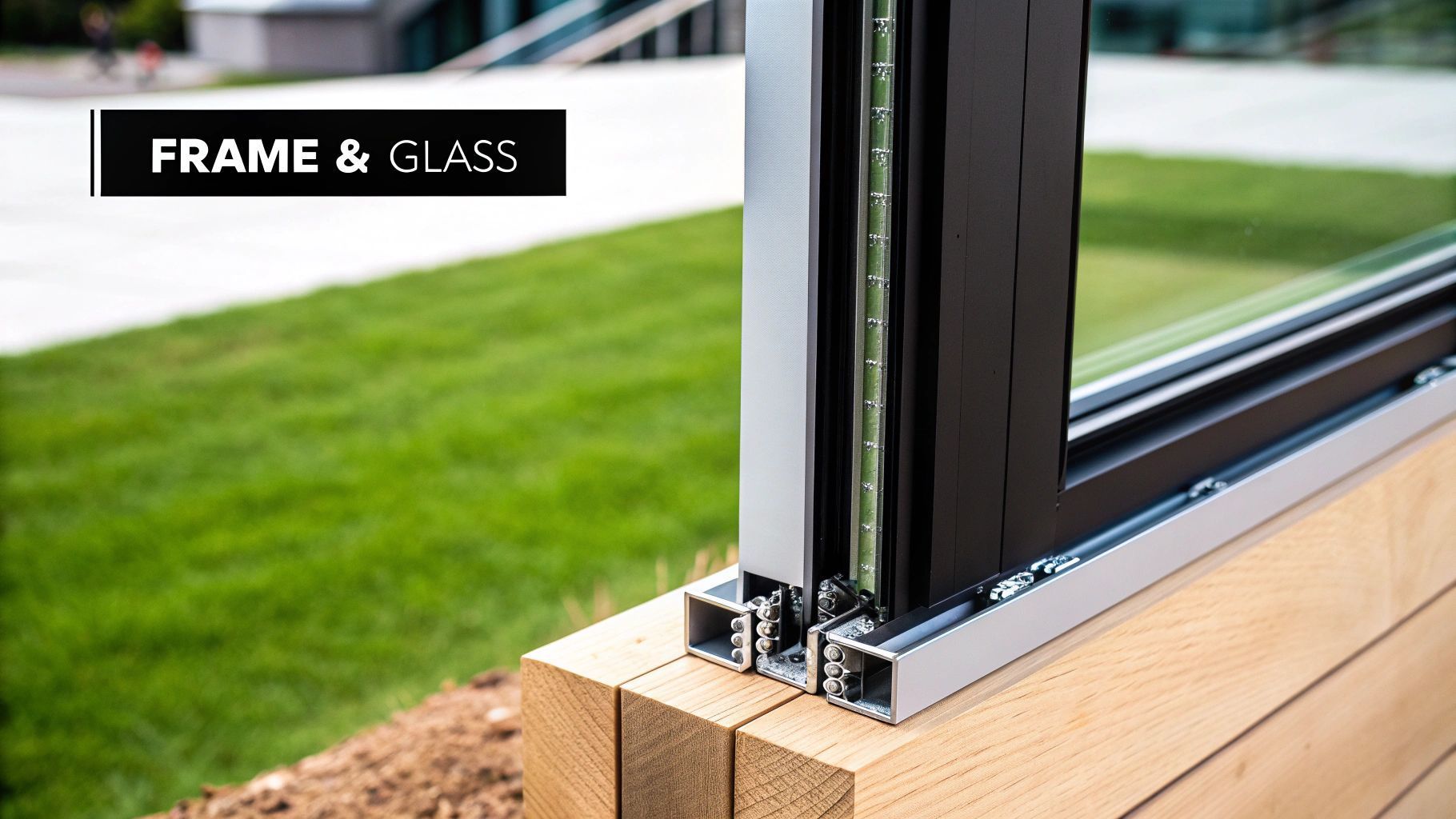 Close-up of a black-framed sliding glass door detail, showing the frame and glass components on a wooden base.