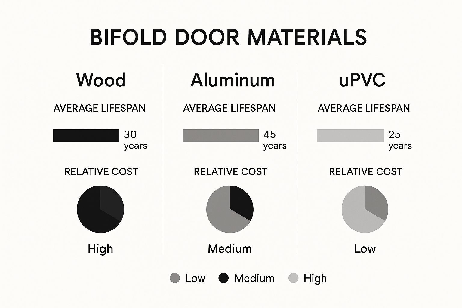 Comparison of bifold door materials: wood, aluminum, and uPVC. Shows average lifespan and relative cost for each.