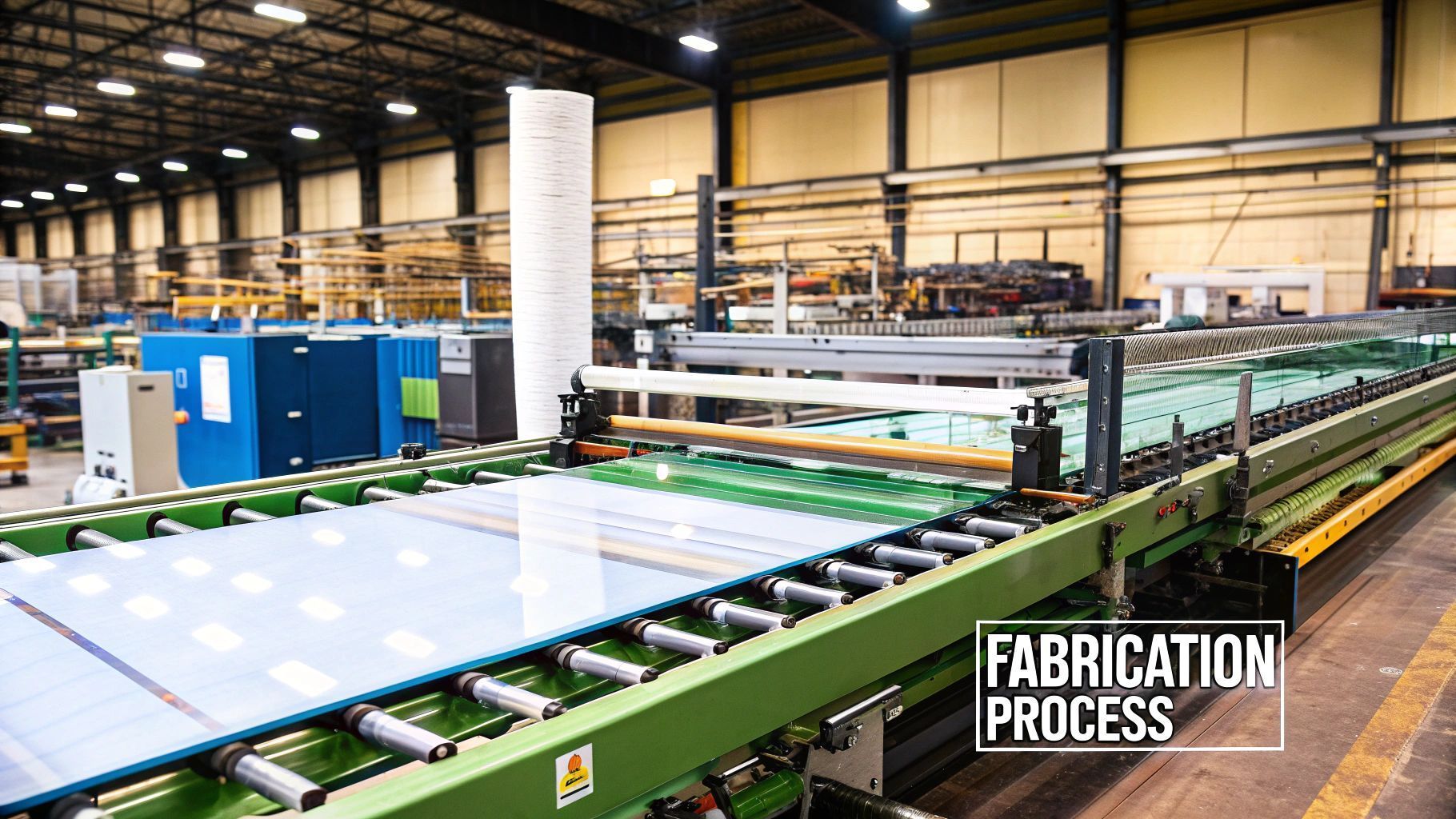 Manufacturing process: large sheets of material moving through a factory on a conveyor belt.