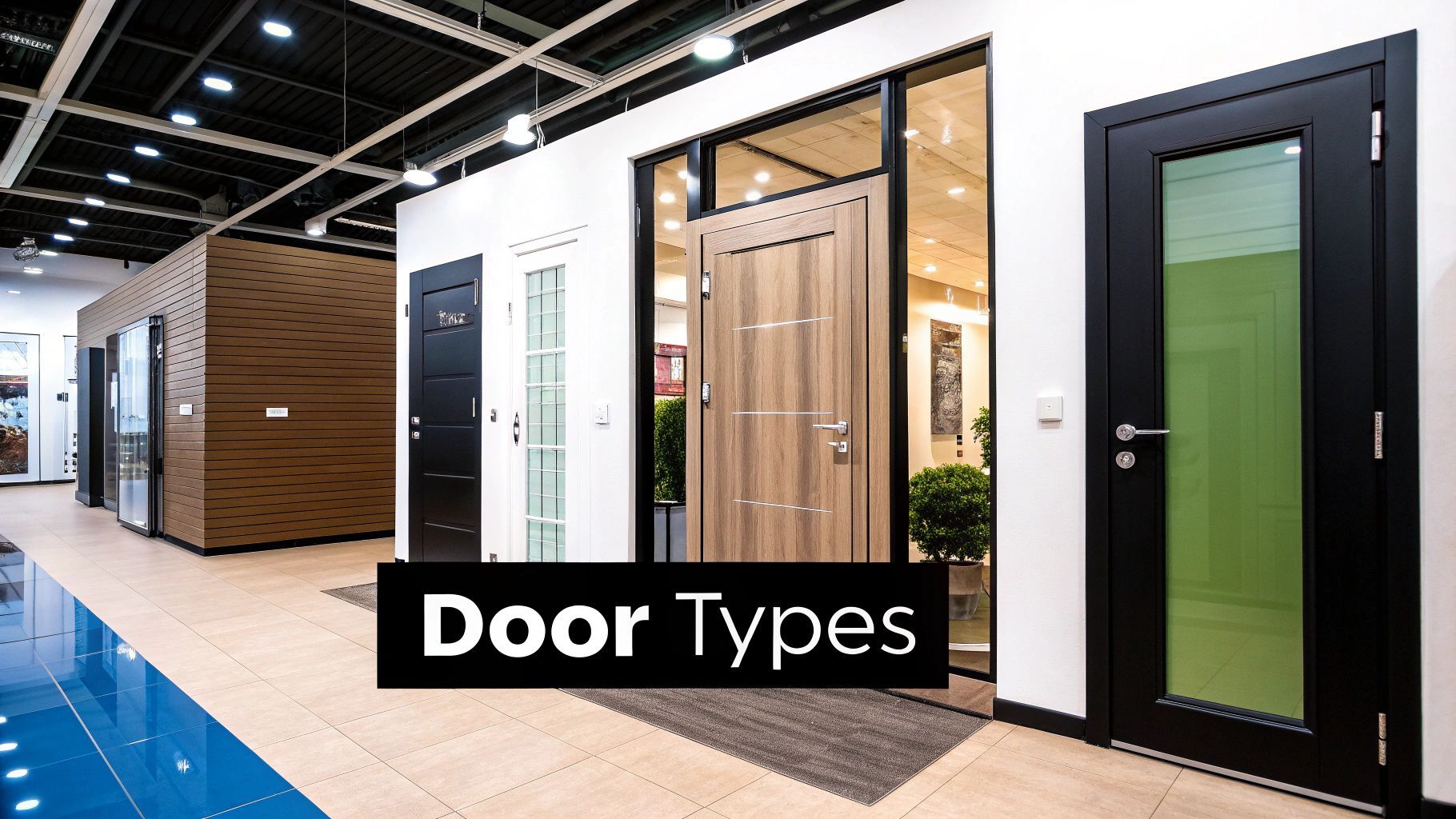 Various door types on display in a showroom; includes wood, black, and glass styles.