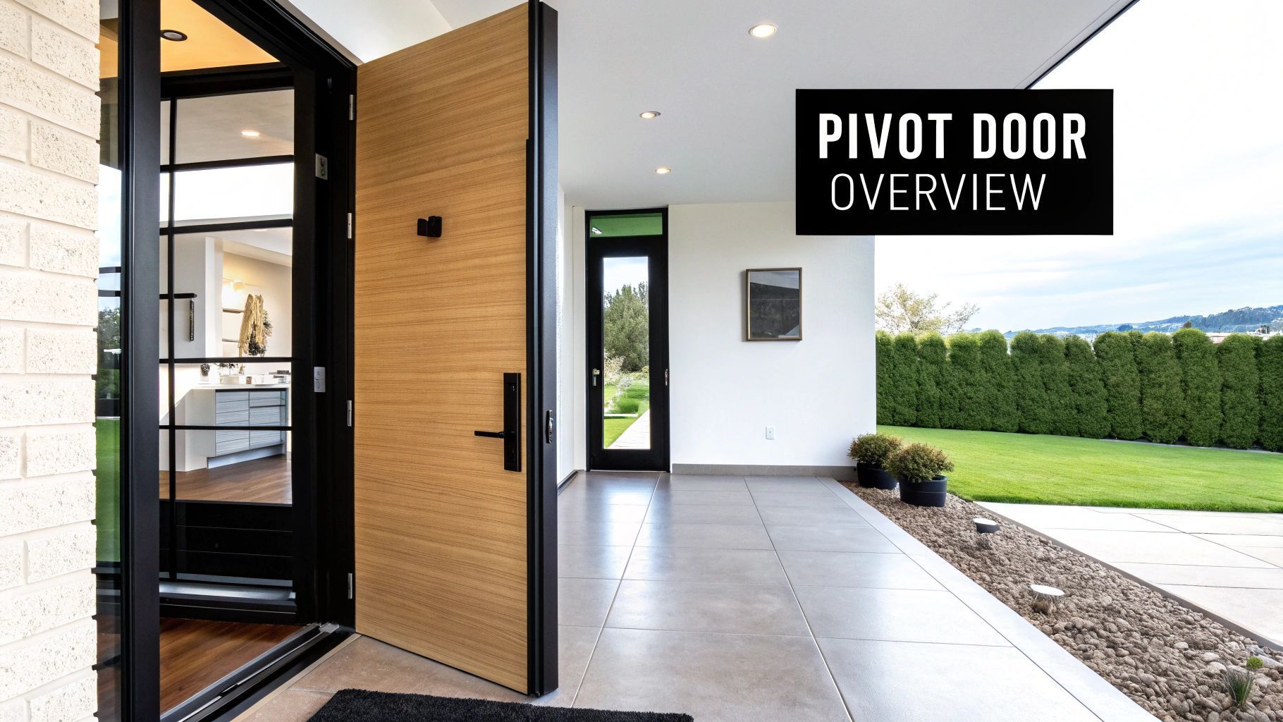 Modern home entrance with pivot door, black frame, tan door, white walls, and a view of greenery.