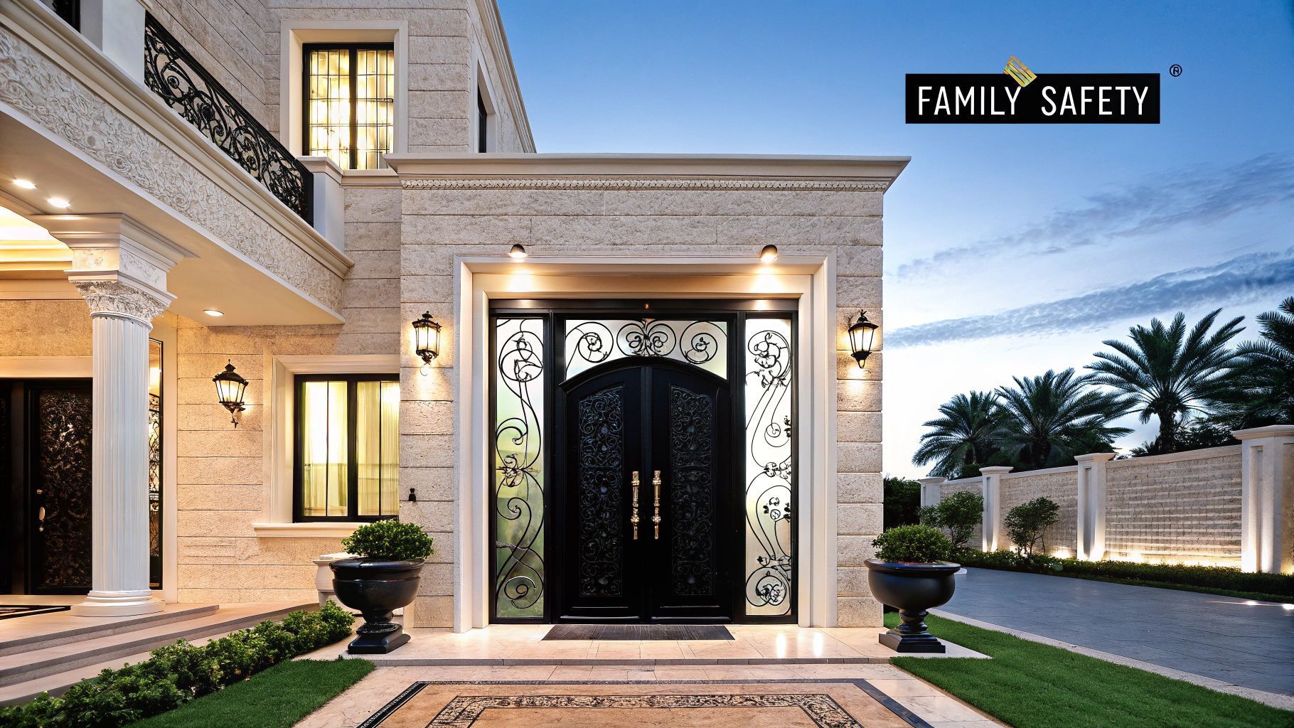 Luxurious home with ornate black double doors, stone facade, and