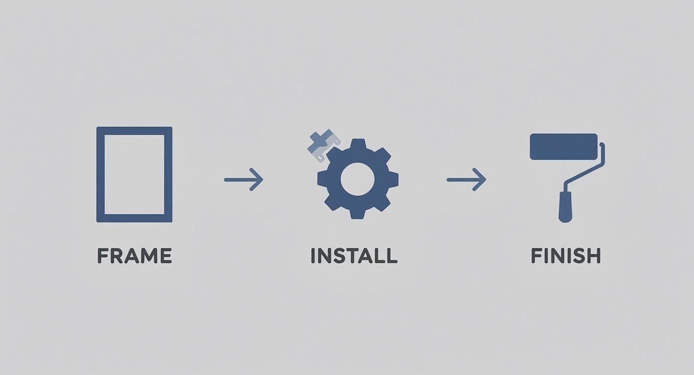 Process diagram: frame to install with a gear, then finish with a paint roller.