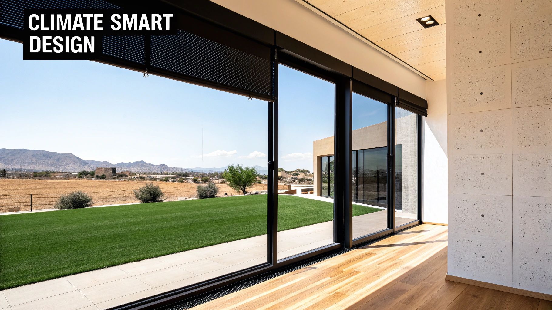 Modern home interior with large glass windows overlooking a grassy yard and landscape under a blue sky.