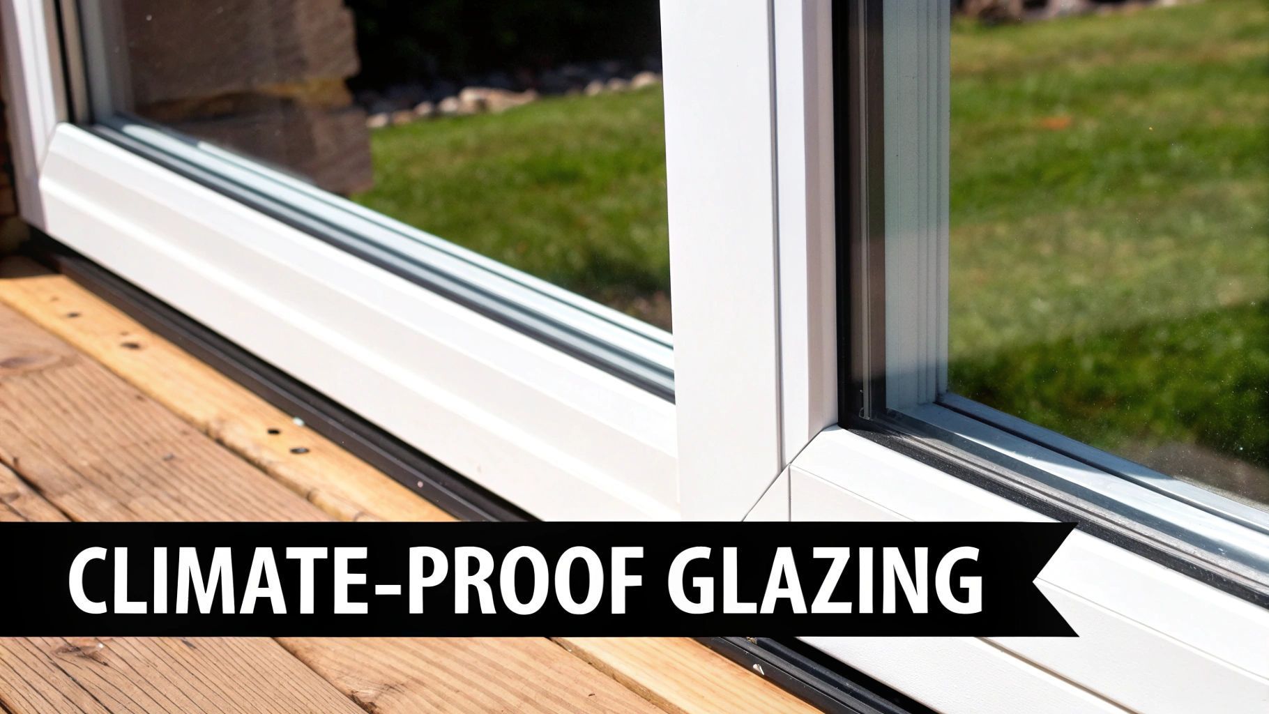 White window frame with climate-proof glazing, view of wooden deck and grassy yard.
