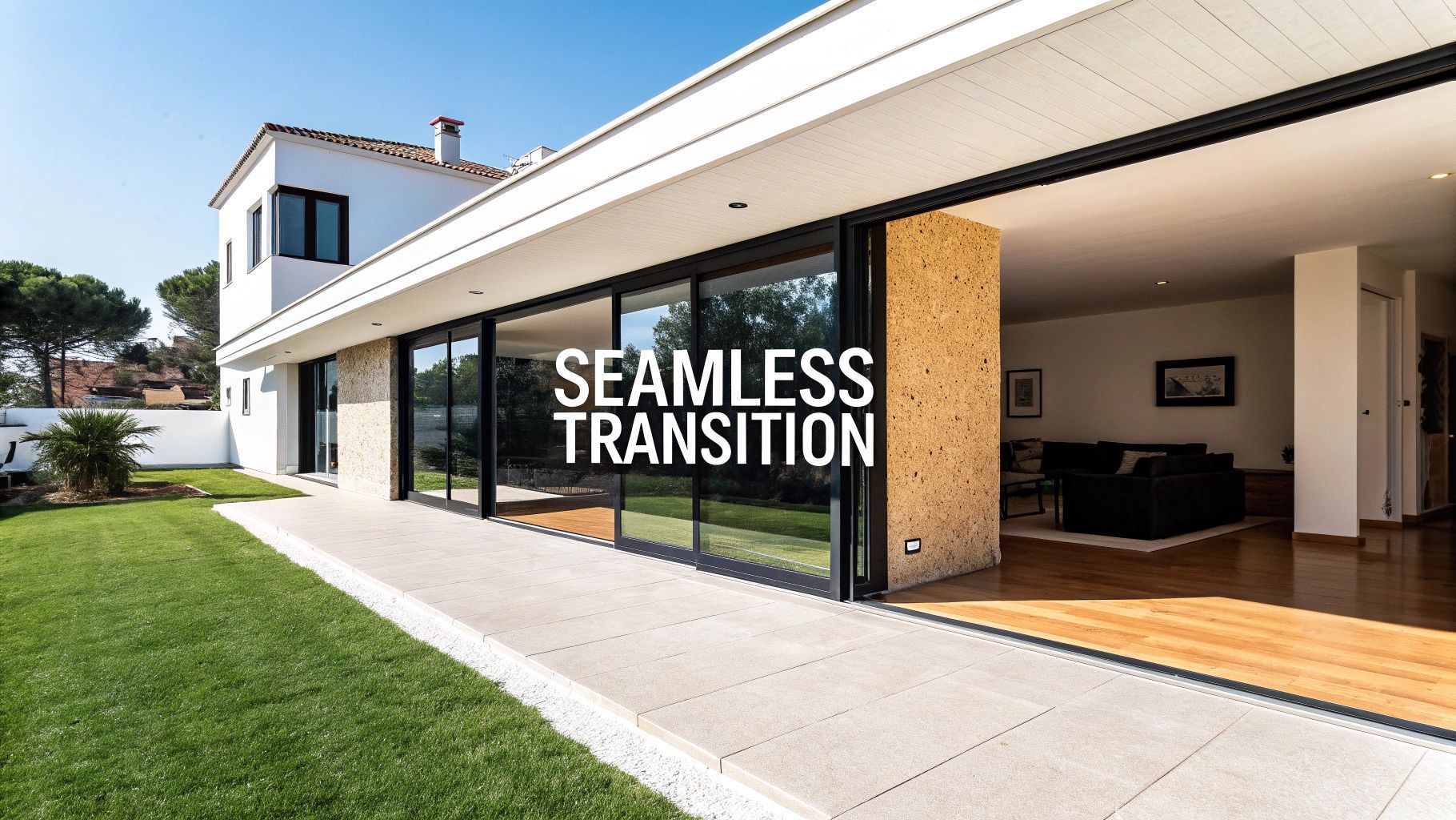 Modern home with open sliding glass doors and a seamless transition from interior to exterior.