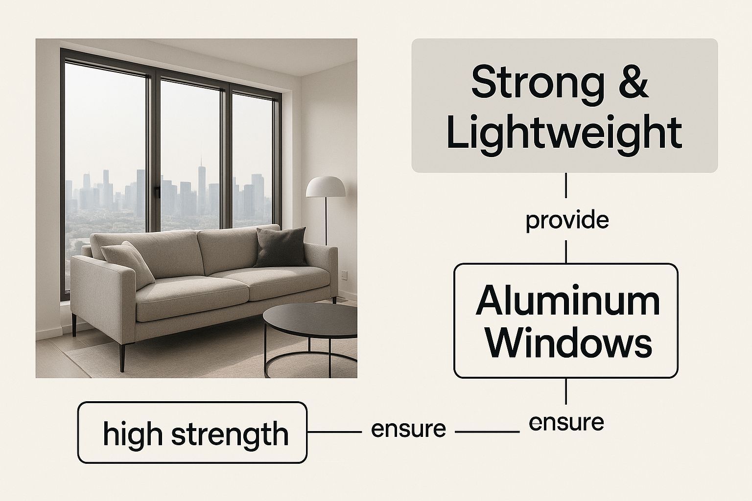 A living room with a couch and a table and a diagram showing the benefits of aluminum windows.