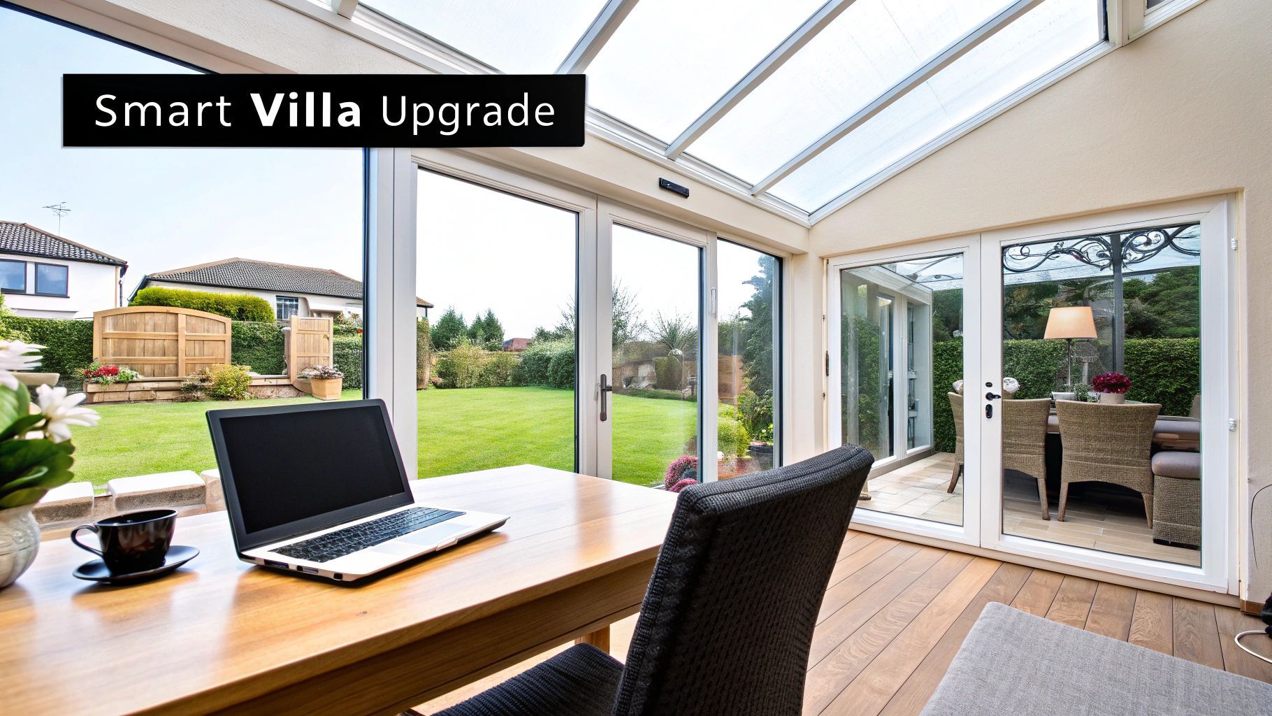 Sunroom with open doors, laptop on desk, overlooking a backyard;