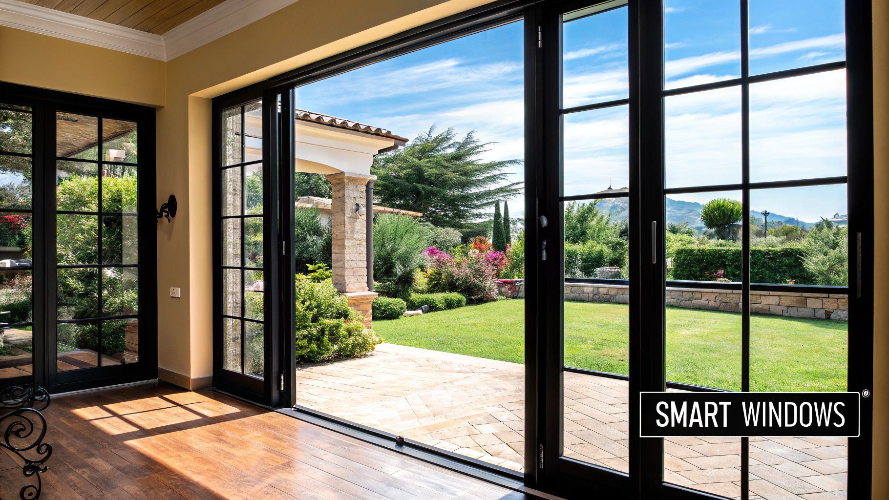 Black-framed sliding doors open to a sunlit backyard with green grass, garden, and distant mountains.
