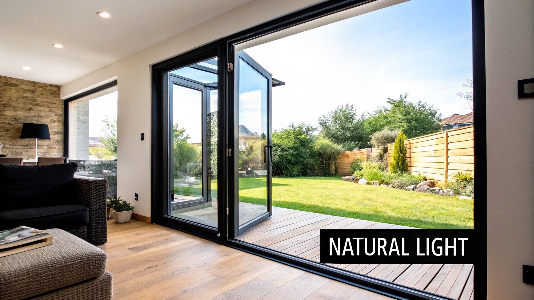 Interior view: Living room with open glass doors leading to a sunny backyard. Black frames, wooden floors.
