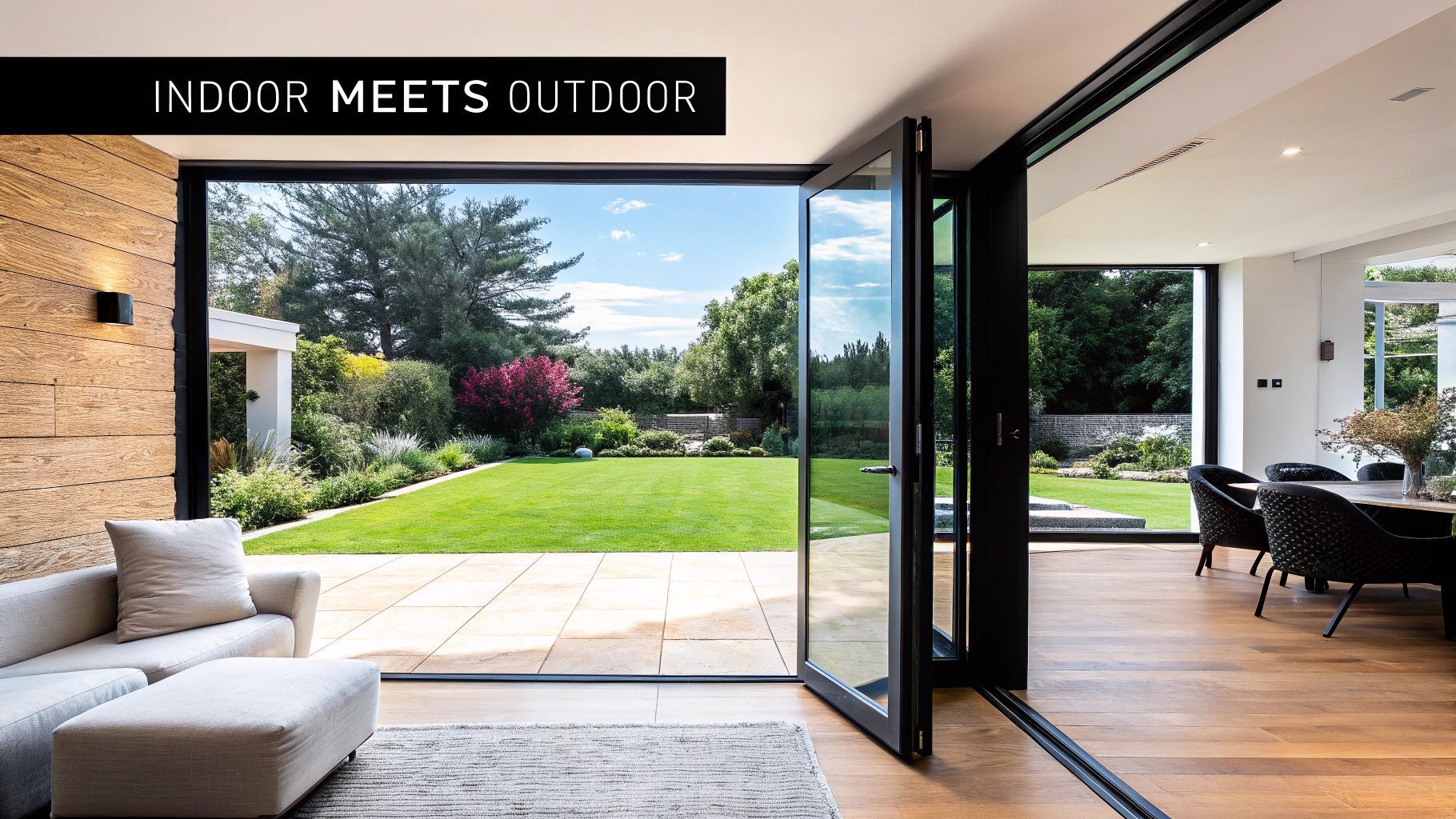 Modern living room with open folding glass doors, seamlessly blending indoor/outdoor space, with a view of a lush green backyard.